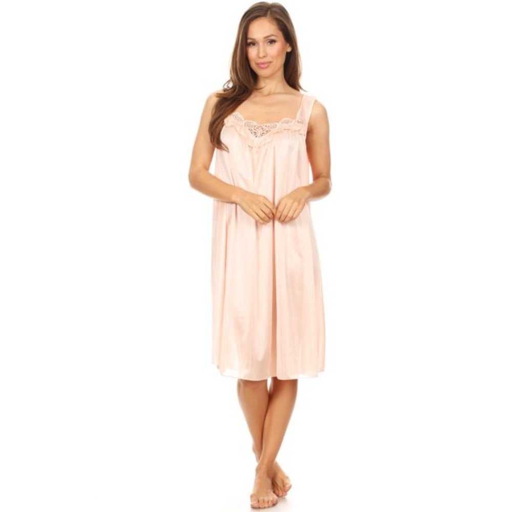 Women Polyester Satin Nightgown Sleepwear Female Sleep Dress Nightshirt Peach